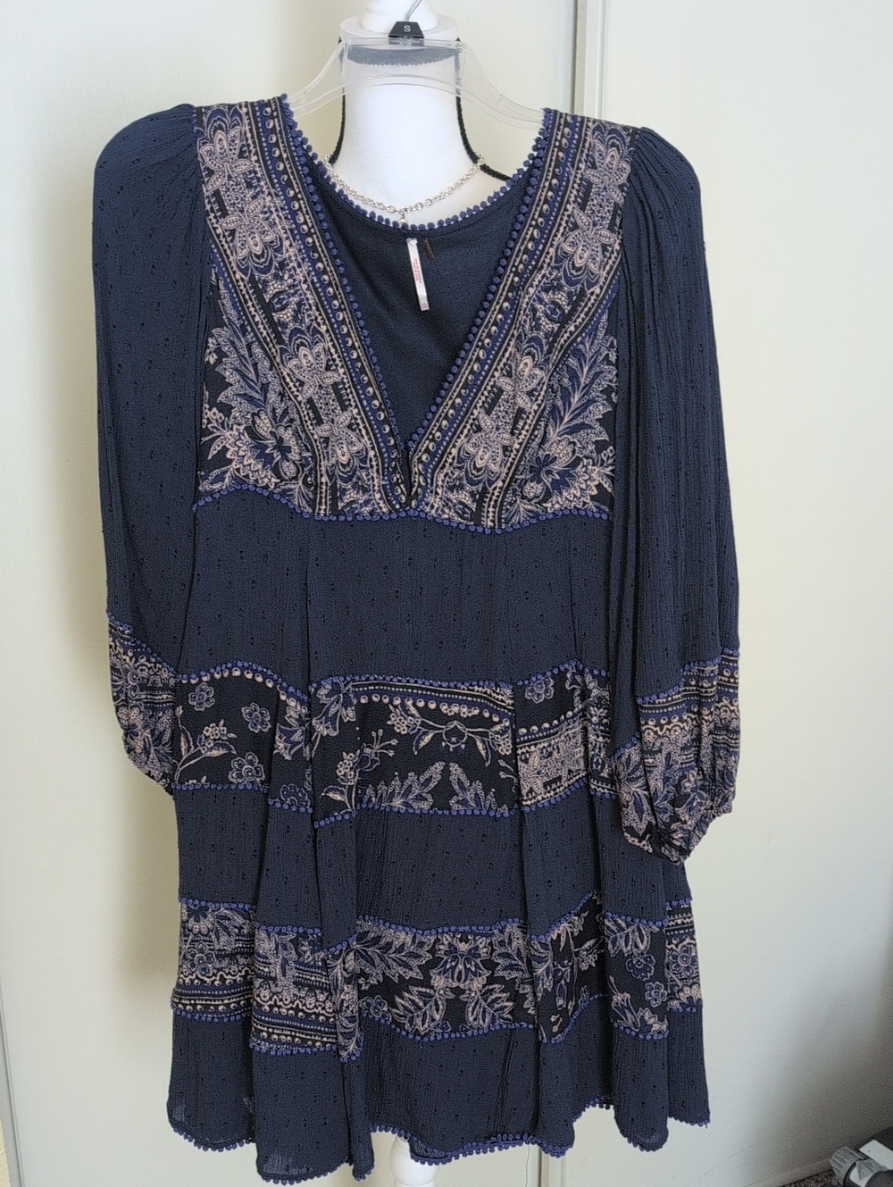 Free People Navy Blue Printed V-Neck Peasant Dress